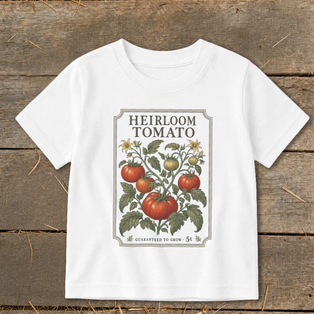White t-shirt with "Heirloom Tomato" seed packet design.