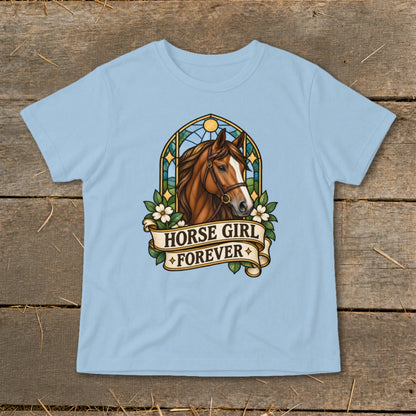 Light blue t-shirt with stained-glass horse graphic and "Horse Girl Forever" text.