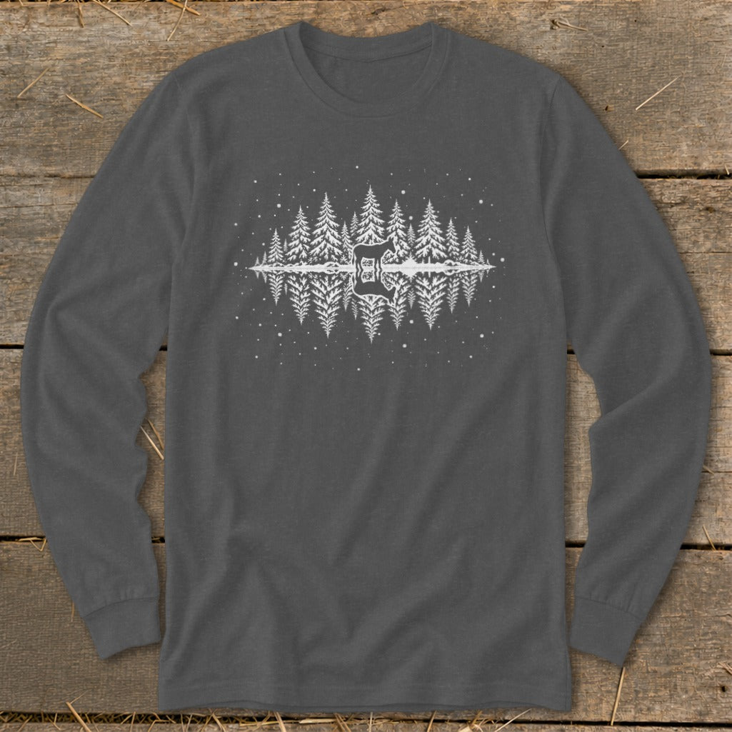 Long sleeve grey shirt with a white graphic of pine trees and a guitar reflection.