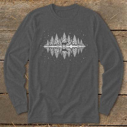 Long sleeve grey shirt with a white graphic of pine trees and a guitar reflection.