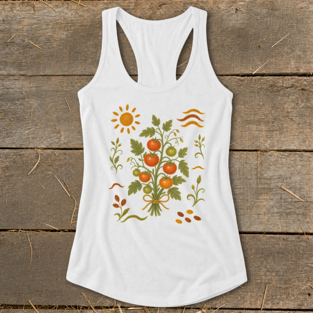 White tank top with a watercolor-style tomato plant graphic, sun, and wavy lines.
