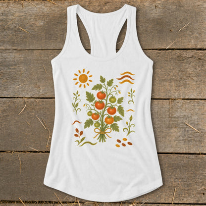 White tank top with a watercolor-style tomato plant graphic, sun, and wavy lines.
