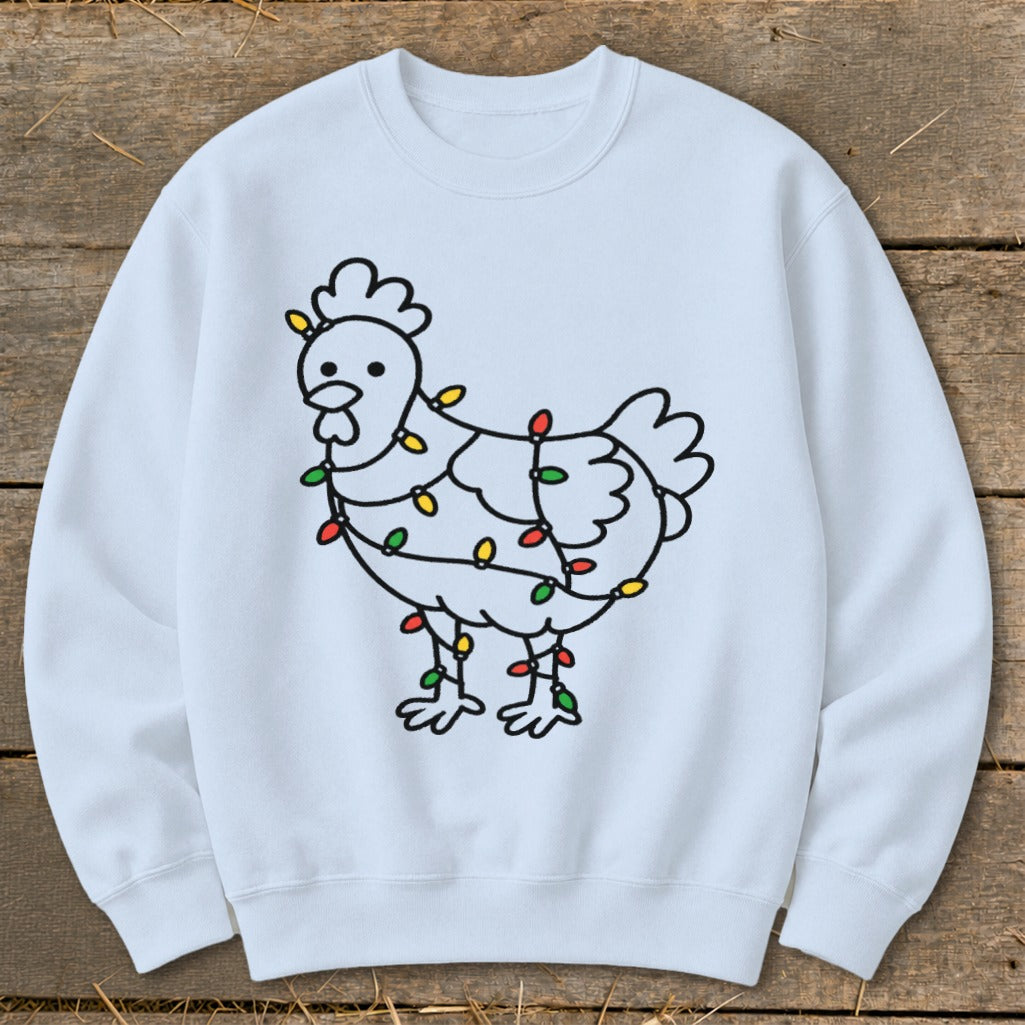 Light blue sweatshirt with a line drawing of a chicken wrapped in colorful Christmas lights.