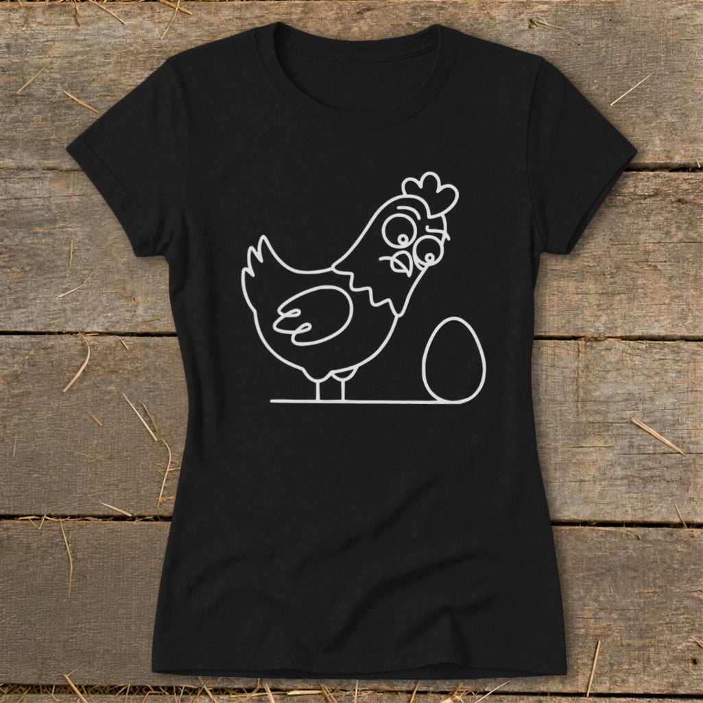 Black t-shirt with a white outline drawing of a startled chicken next to an egg.