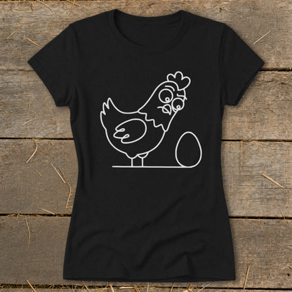 Black t-shirt with a white outline drawing of a startled chicken next to an egg.