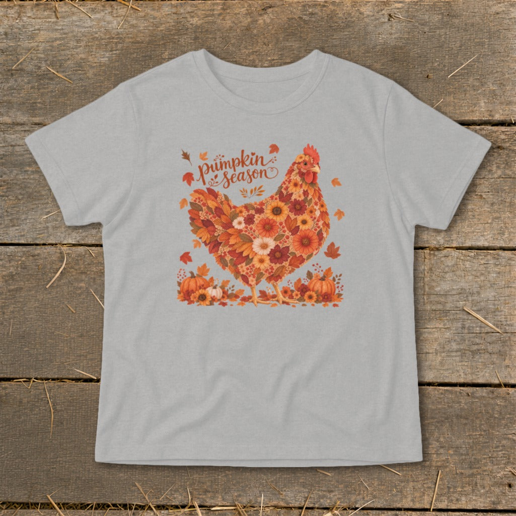 Gray t-shirt with a chicken made of autumn leaves and flowers and "pumpkin season" text.