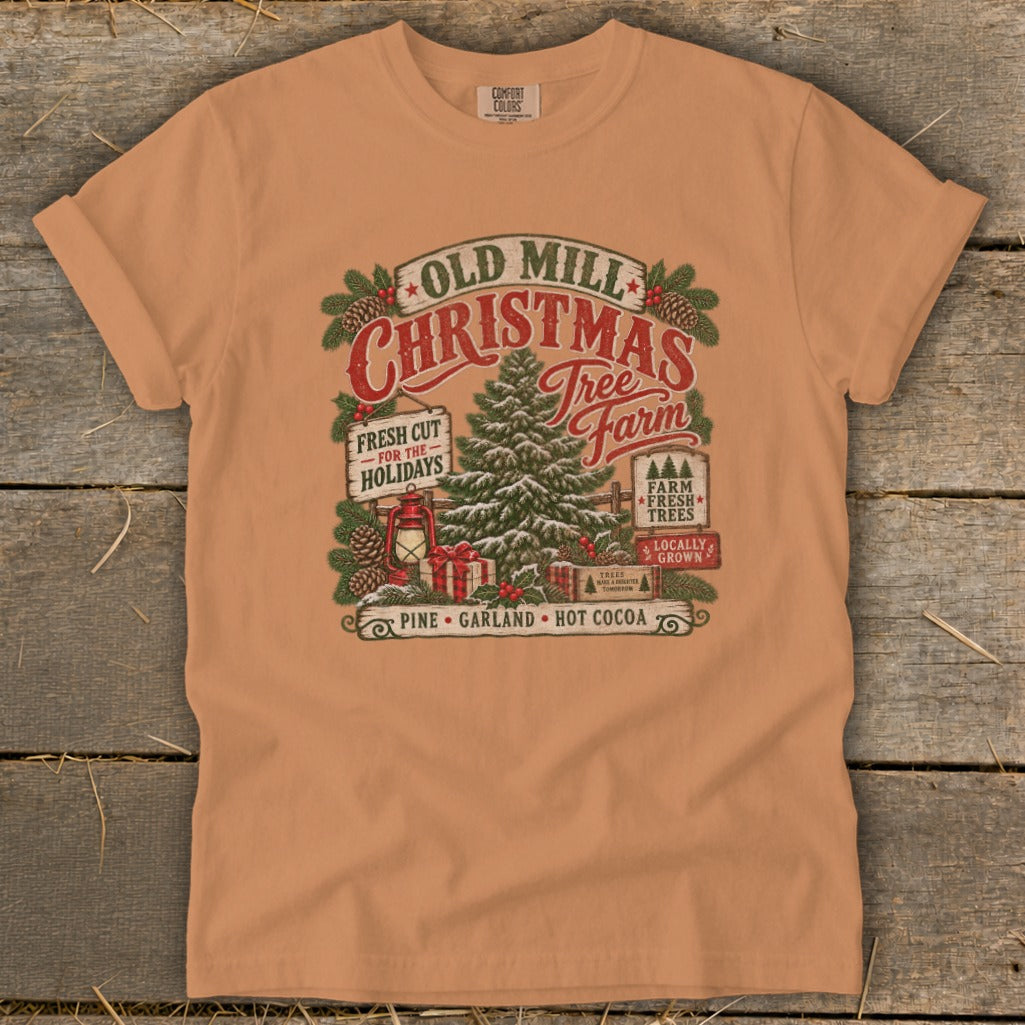 Old Mill Christmas Tree Farm graphic with pine, gifts, lantern, and holiday text.