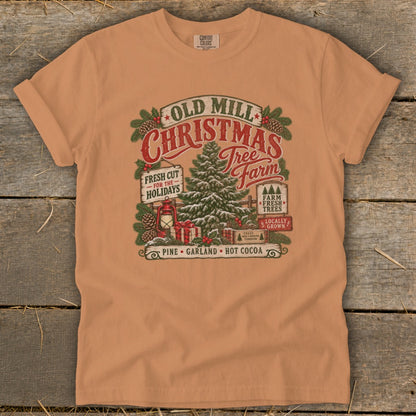 Old Mill Christmas Tree Farm graphic with pine, gifts, lantern, and holiday text.