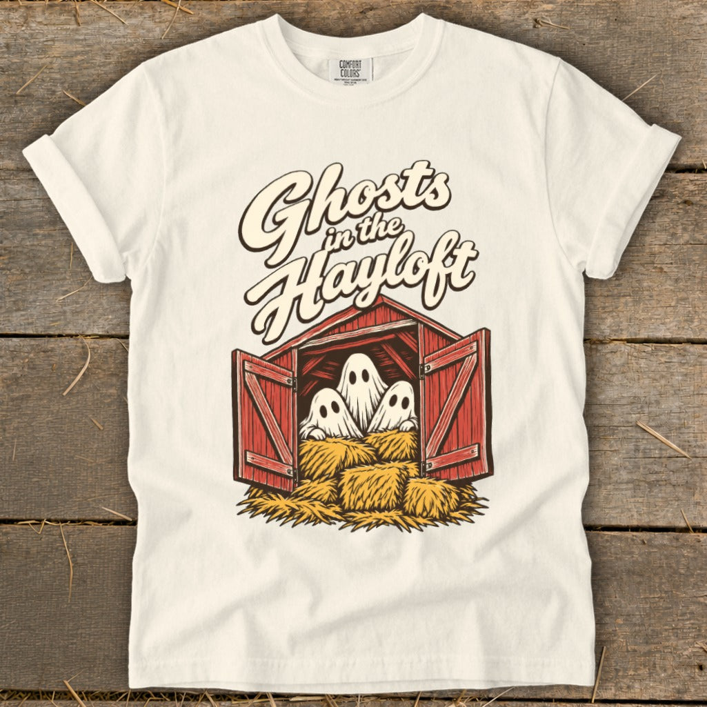 T-shirt with "Ghosts in the Hayloft" text and three ghosts in a barn.