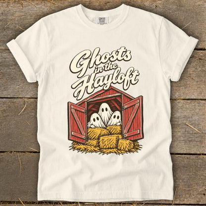 T-shirt with "Ghosts in the Hayloft" text and three ghosts in a barn.