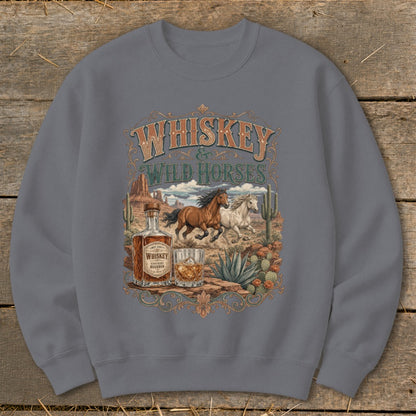 Whiskey & Wild Horses graphic with horses, whiskey bottle, and desert landscape.