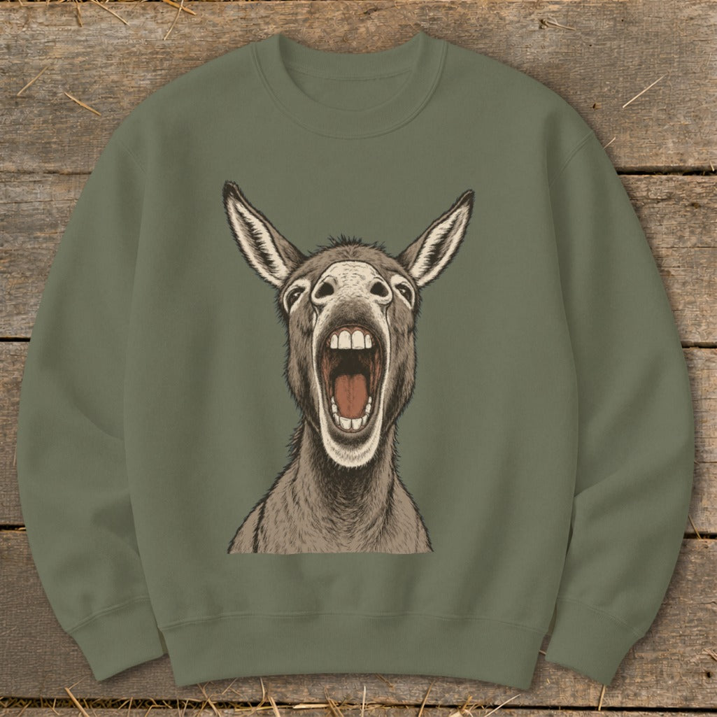 Green sweatshirt with a detailed drawing of a donkey's head with mouth wide open.