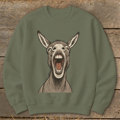 Green sweatshirt with a detailed drawing of a donkey's head with mouth wide open.