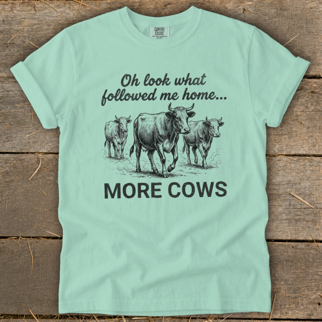 Light teal t-shirt with sketch of three cows and text "Oh look what followed me home... MORE COWS".