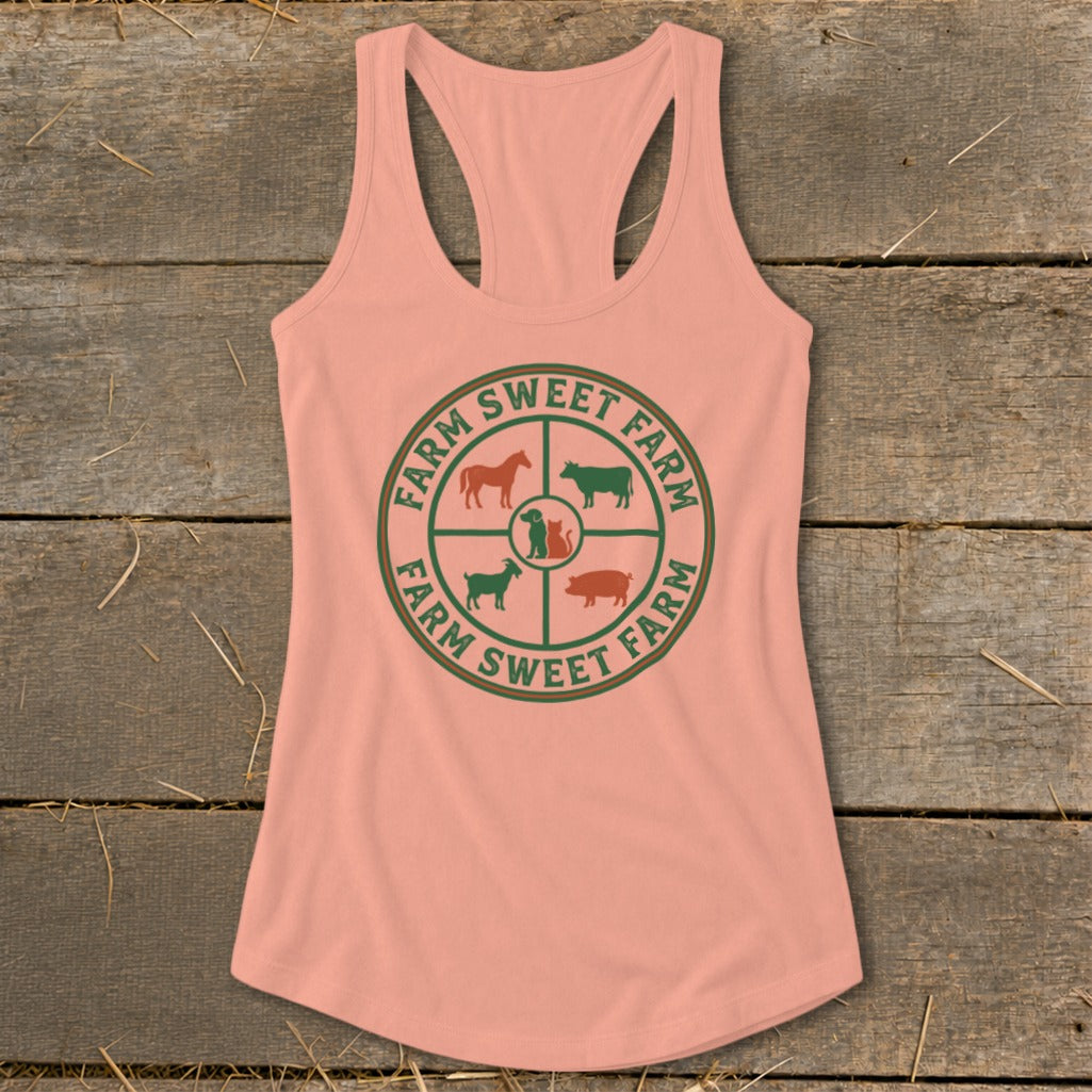 Pink tank top with a circular farm animal logo and "Farm Sweet Farm" text.