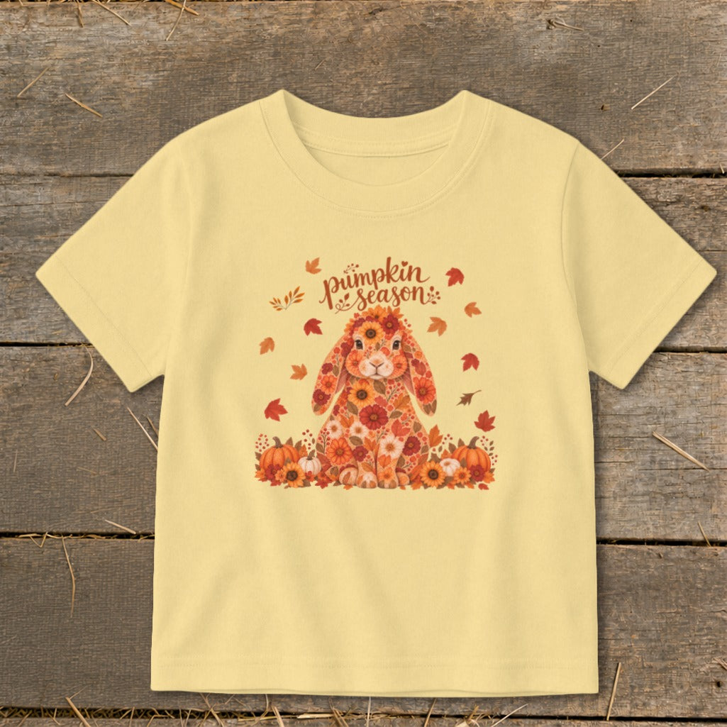 Light yellow t-shirt with a floral bunny graphic and "Pumpkin Season" text.