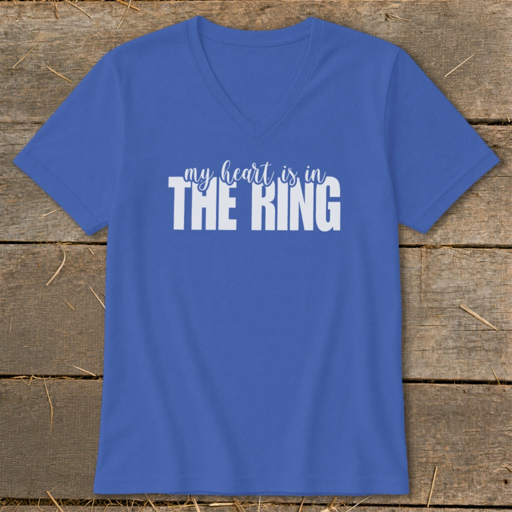 Blue v-neck t-shirt with white text that reads "my heart is in THE RING".
