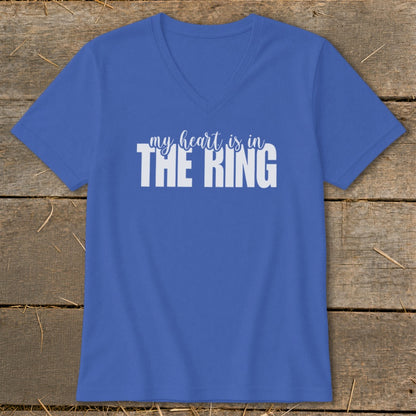 Blue v-neck t-shirt with white text that reads "my heart is in THE RING".