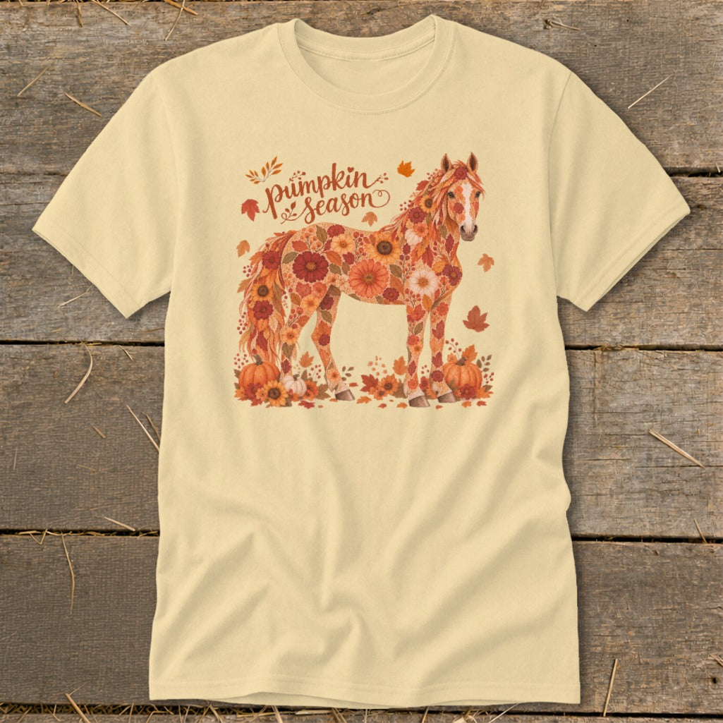 Cream t-shirt with a horse made of fall flowers and text "pumpkin season".