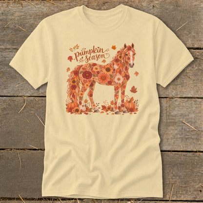 Cream t-shirt with a horse made of fall flowers and text "pumpkin season".