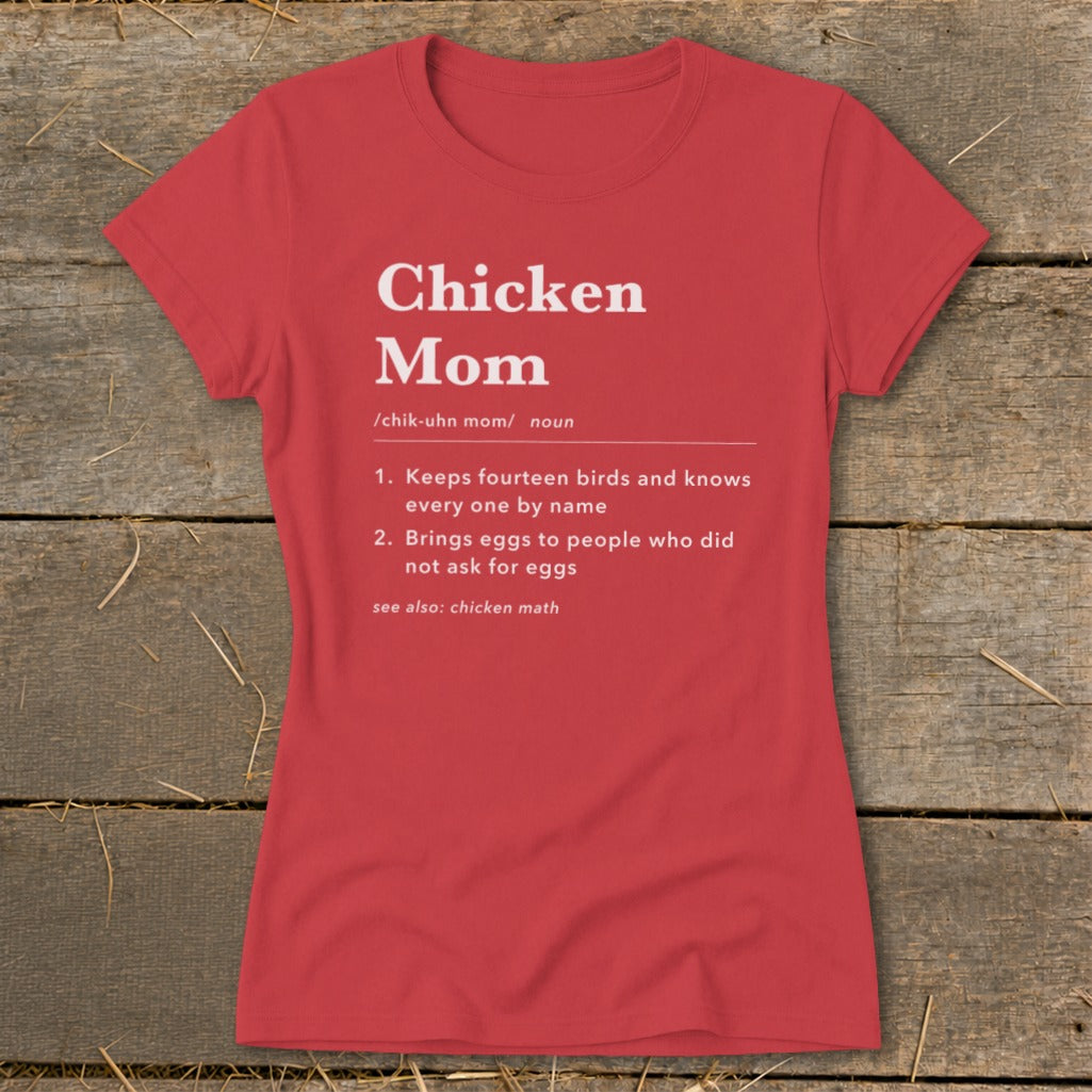 Red t-shirt with "Chicken Mom" definition and humorous descriptions.