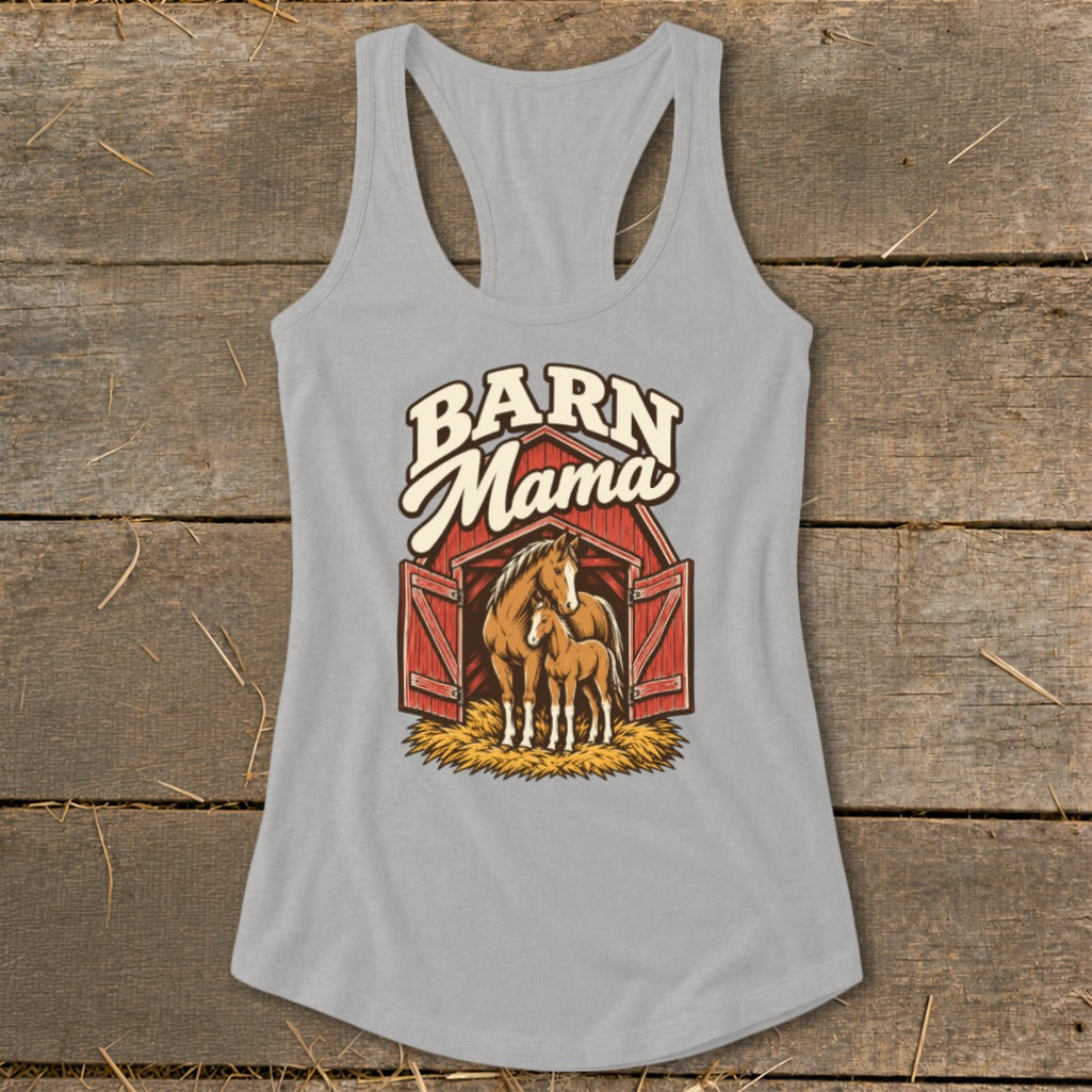 Grey tank top with "Barn Mama" text and illustration of horses inside a barn.