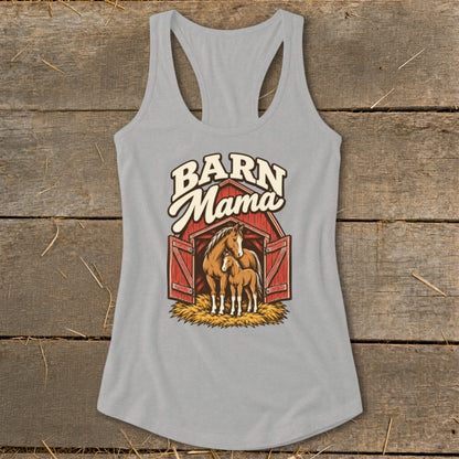 Grey tank top with "Barn Mama" text and illustration of horses inside a barn.