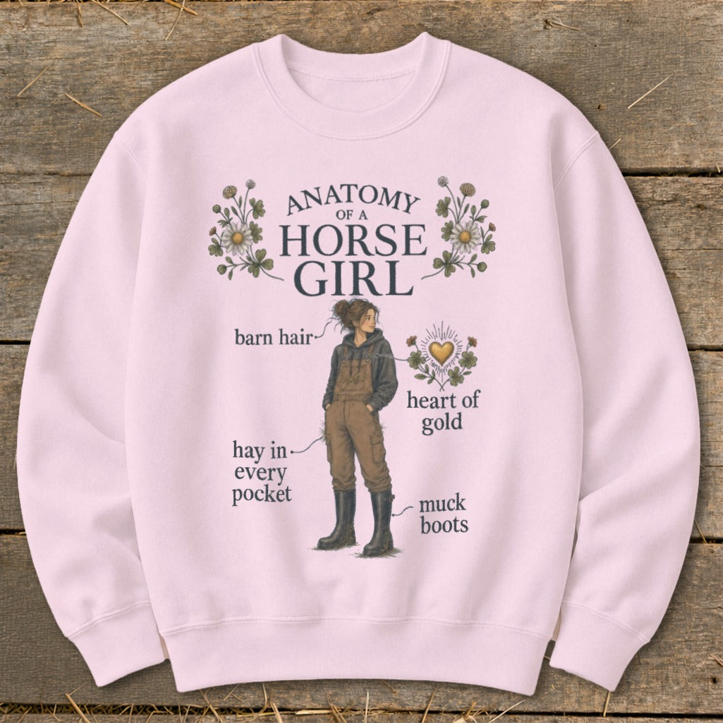 Pink sweatshirt with "Anatomy of a Horse Girl" text and illustration.