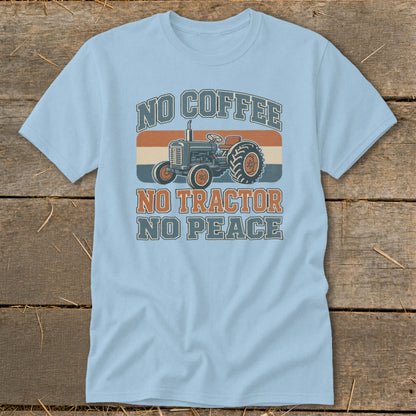 Light blue t-shirt with a vintage tractor and text "NO COFFEE NO TRACTOR NO PEACE".