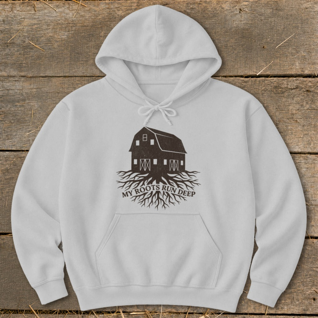 Light gray hoodie with a dark barn and roots graphic and text "MY ROOTS RUN DEEP".