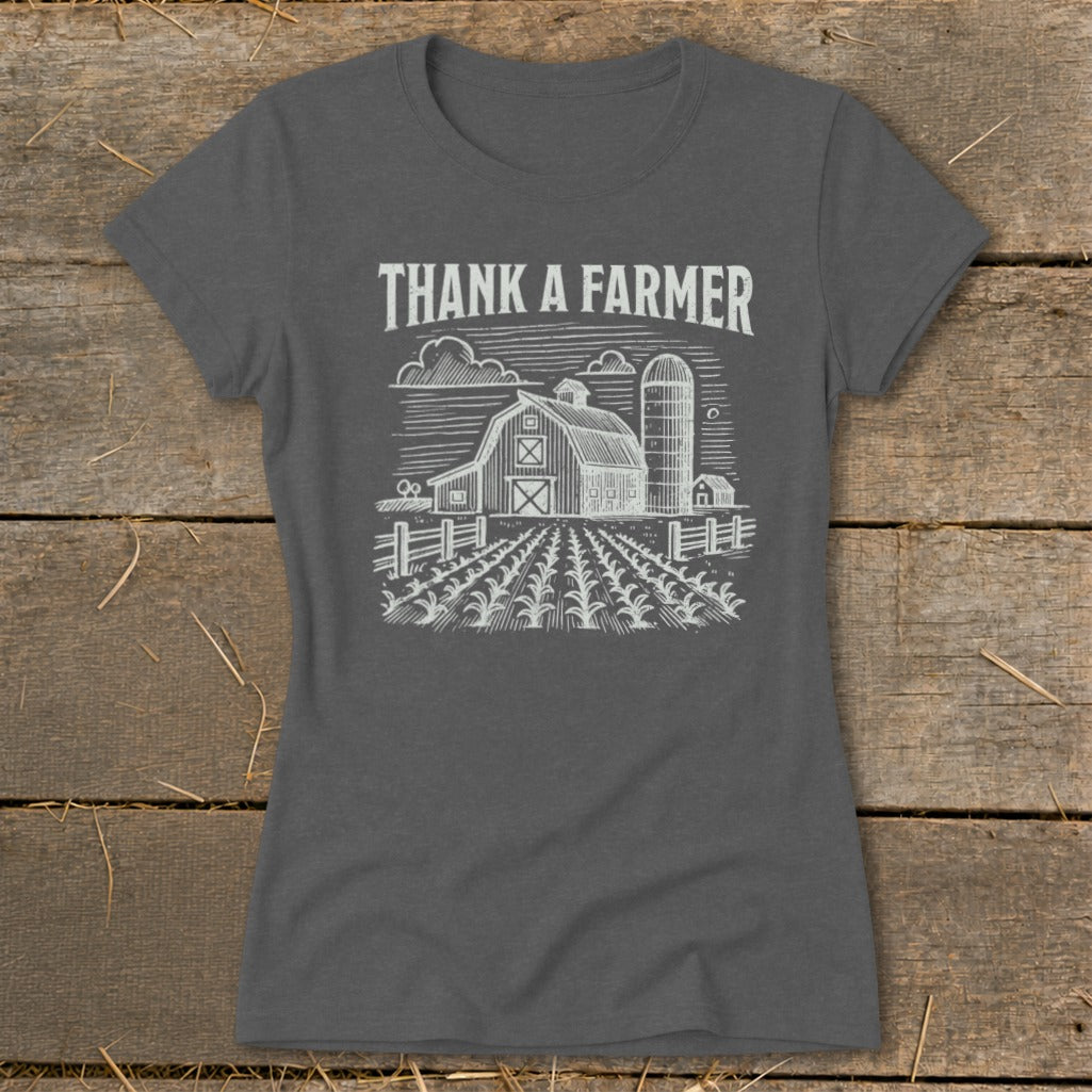 Charcoal t-shirt with "THANK A FARMER" text and a barn illustration.