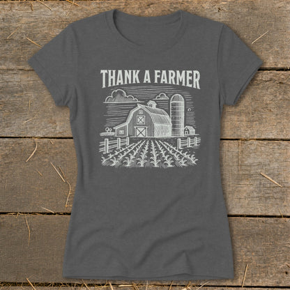 Charcoal t-shirt with "THANK A FARMER" text and a barn illustration.