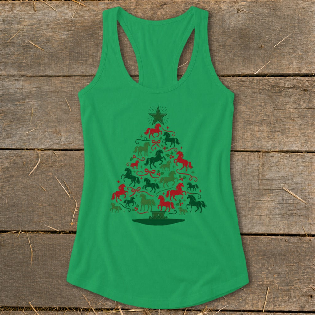 Green tank top with Christmas tree made of red and green horses and bows.