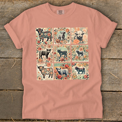 Nine floral postage stamp style squares featuring cows and bulls on a pink t-shirt.