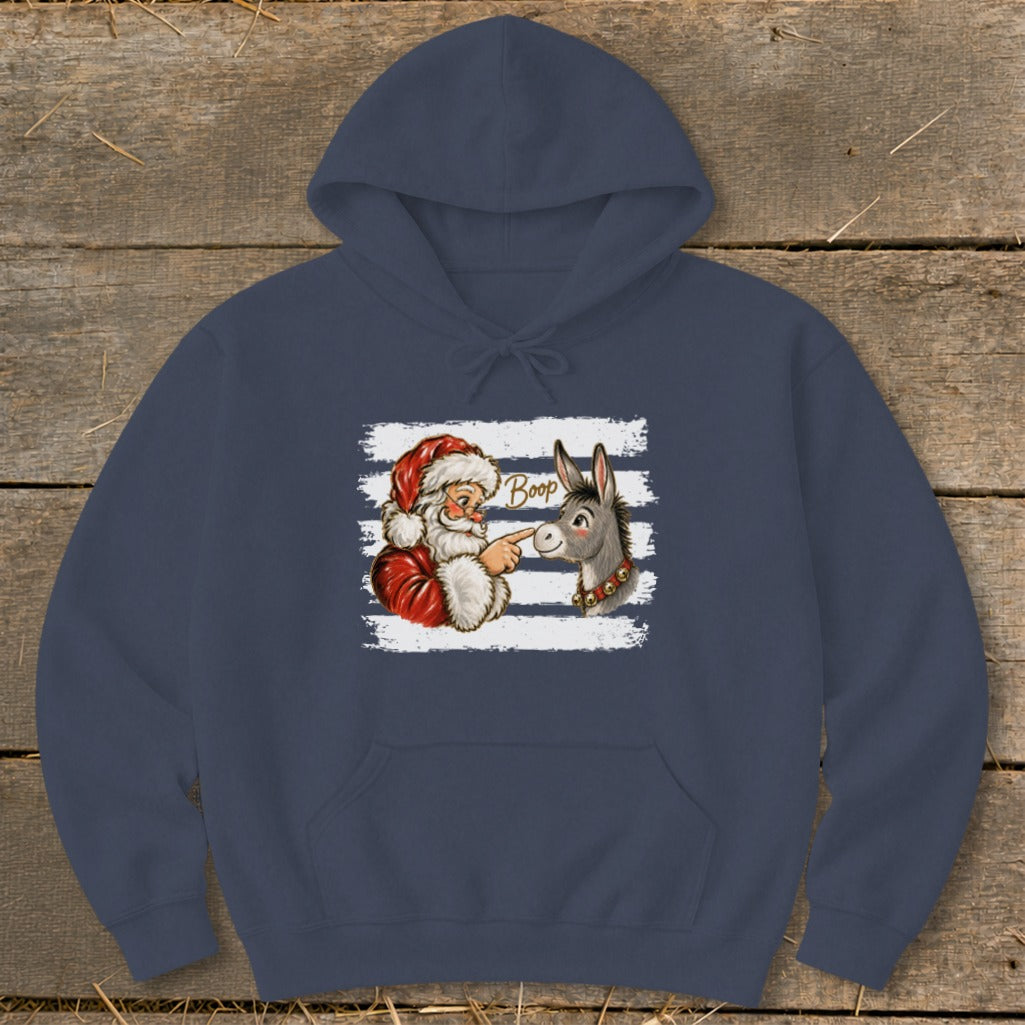 Santa booping a donkey with "Boop" text on a navy hoodie.