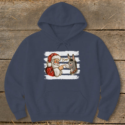 Santa booping a donkey with "Boop" text on a navy hoodie.