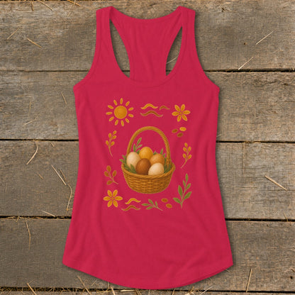 Pink racerback tank top with a basket of eggs and floral Easter-themed graphic.