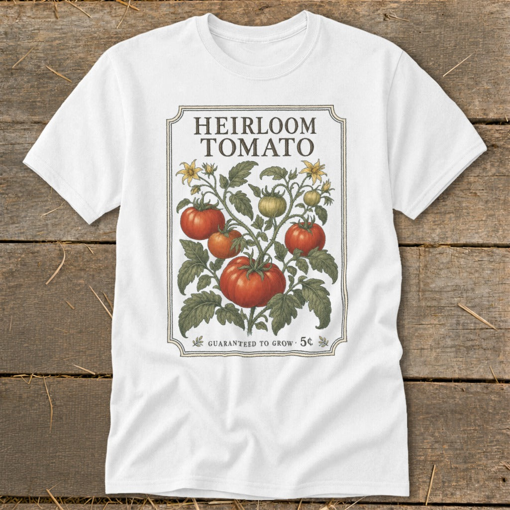White t-shirt with vintage "Heirloom Tomato" seed packet design.