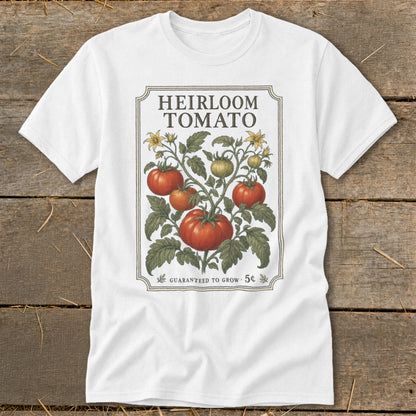 White t-shirt with vintage "Heirloom Tomato" seed packet design.