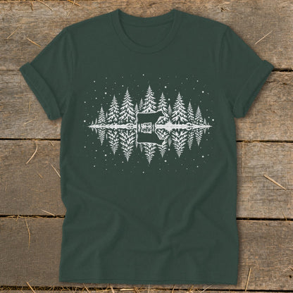 Dark green t-shirt with white pine trees reflected in water and a guitar.