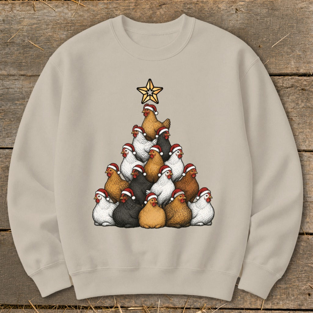 Crew neck sweatshirt with a Christmas tree made of chickens wearing Santa hats.