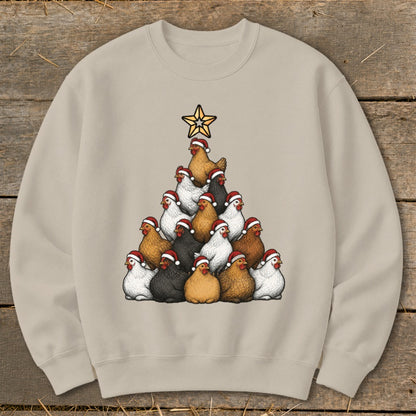 Crew neck sweatshirt with a Christmas tree made of chickens wearing Santa hats.