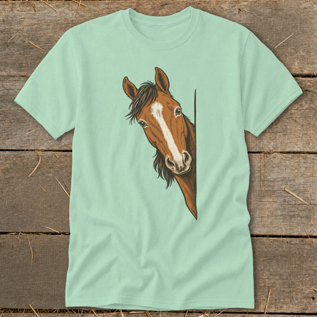 Light mint t-shirt with a brown horse peeking from the side.