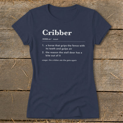 Navy blue crewneck t-shirt featuring dictionary-style definitions for the word Cribber printed in white on the front.