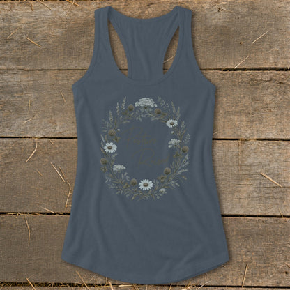 Blue racerback tank top with floral wreath and "Pasture Raised" text.