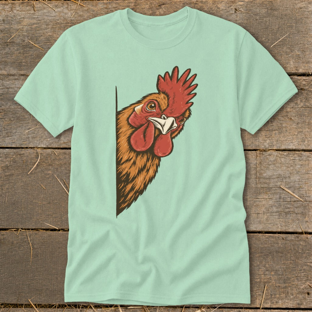Light blue t-shirt with a cartoon rooster peeking from behind a corner.