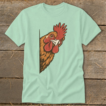 Light blue t-shirt with a cartoon rooster peeking from behind a corner.