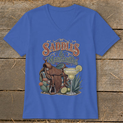 Blue t-shirt with "Saddles & Margaritas" graphic featuring a saddle, margarita, and cacti.
