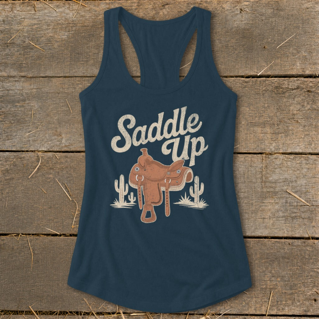 Navy tank top with "Saddle Up" text and a western saddle illustration.