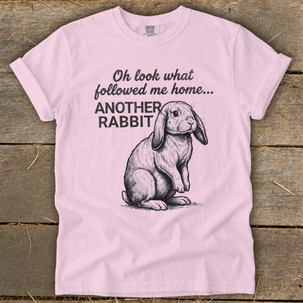 Pink t-shirt with sketch of a rabbit and text "Oh look what followed me home... ANOTHER RABBIT".